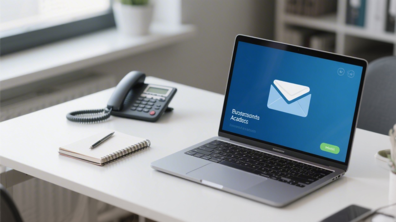 Modern desk with a phone, notebook, and email on a laptop screen, representing professional contact and communication for a business academy.