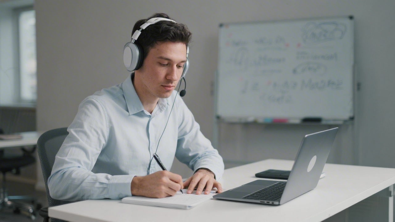 Focused professional taking notes during an online marketing lesson with laptop and headphones, symbolizing structured distance learning.
