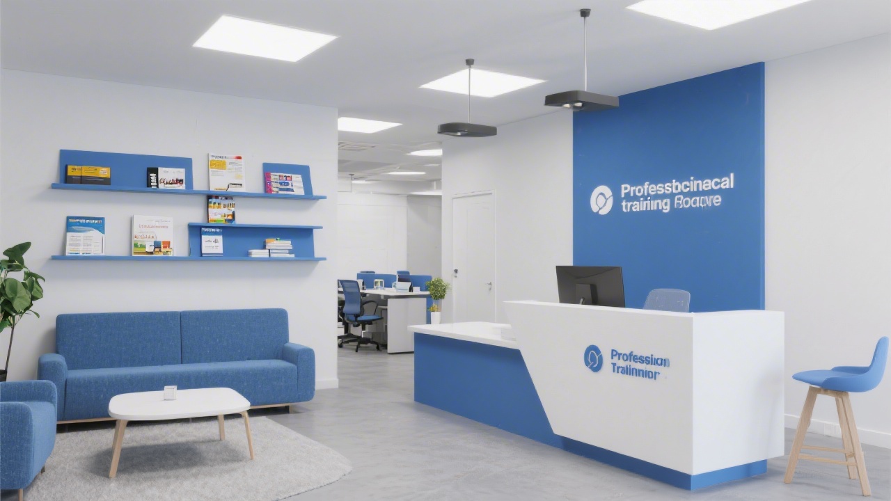 Modern office reception area with minimalistic furniture, blue accents and educational materials on shelves, representing a professional training environment.
