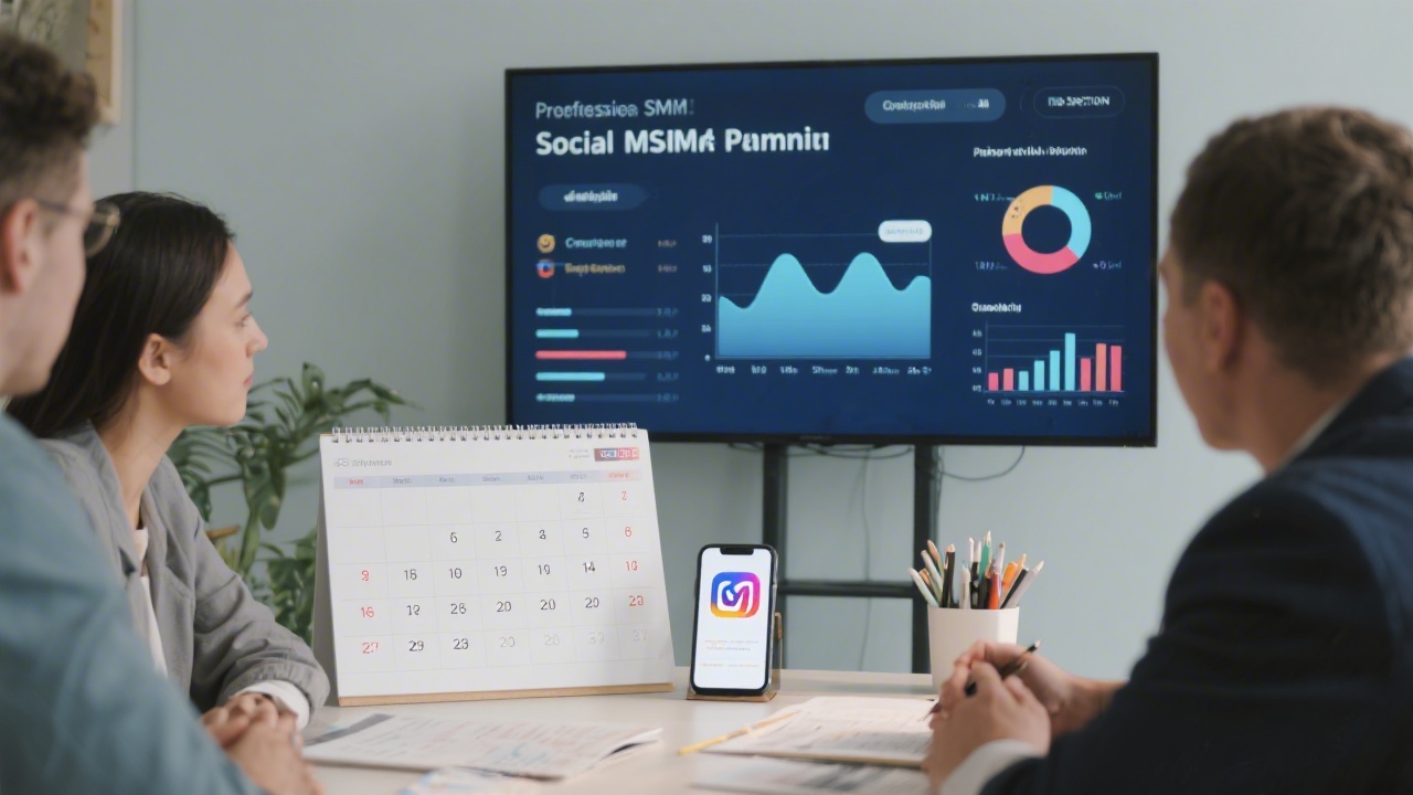 Creative social media planning session with a calendar, smartphone, and engagement metrics on screen, illustrating professional SMM education.