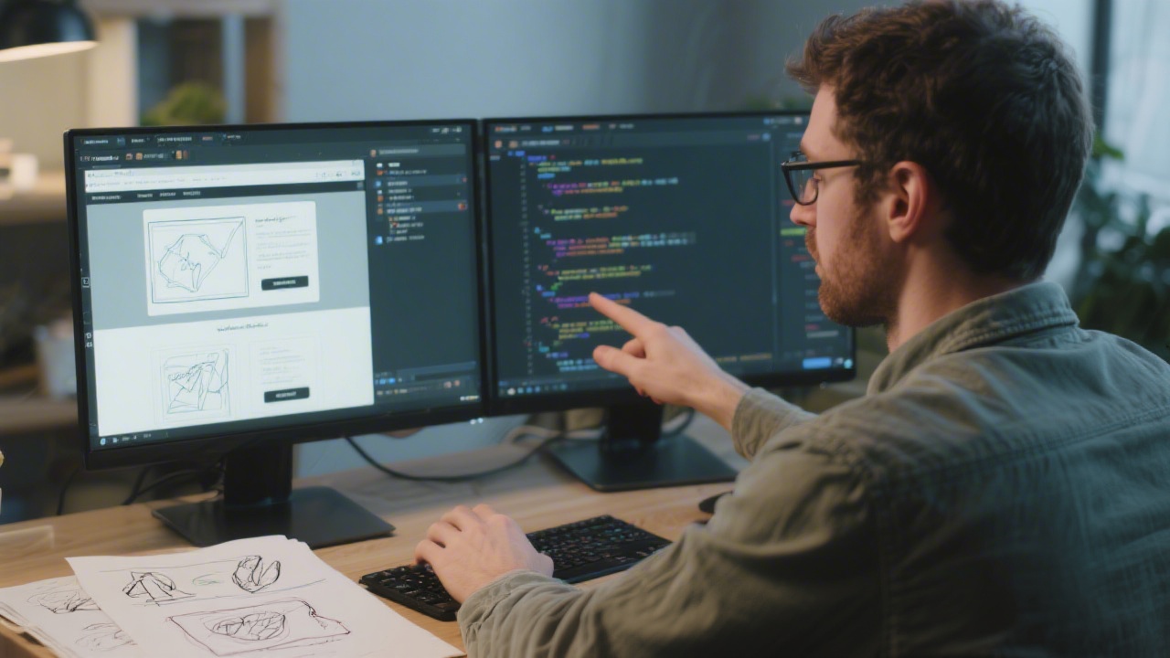 Web developer reviewing responsive website layouts on a screen with code editor and UX sketches, symbolizing modern web development education.