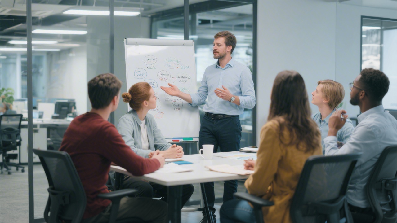 Small team workshop in a modern office with facilitator leading a discussion and participants sharing ideas on a whiteboard.